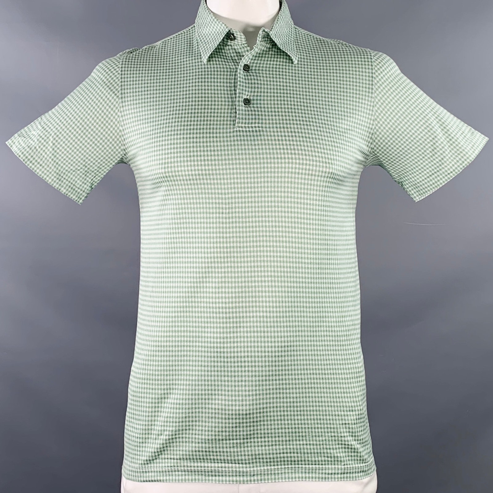 Brioni Size L Green White Checkered Cotton Half Placket Polo